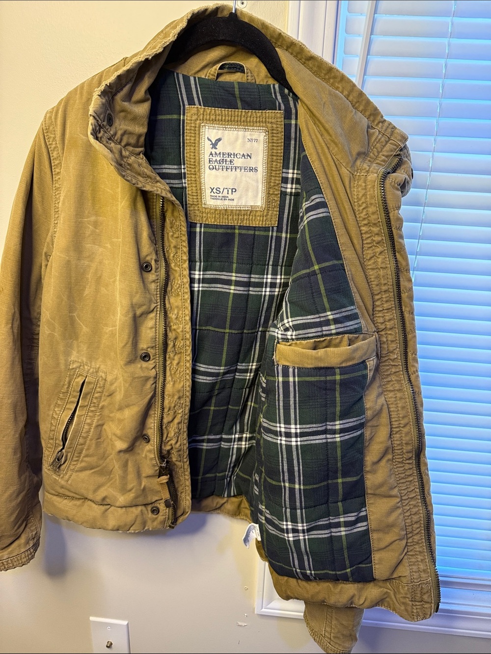 American Eagle Outfitters Men's Khaki Jacket with Green Plaid Lining